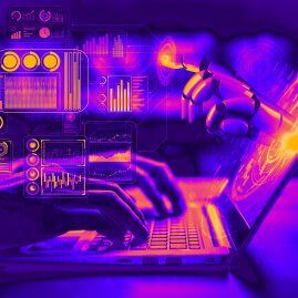 Digitale Transformation durch KI und Big Data Visualisierung der Zusammenarbeit zwischen Mensch und KI bei der Datenanalyse.