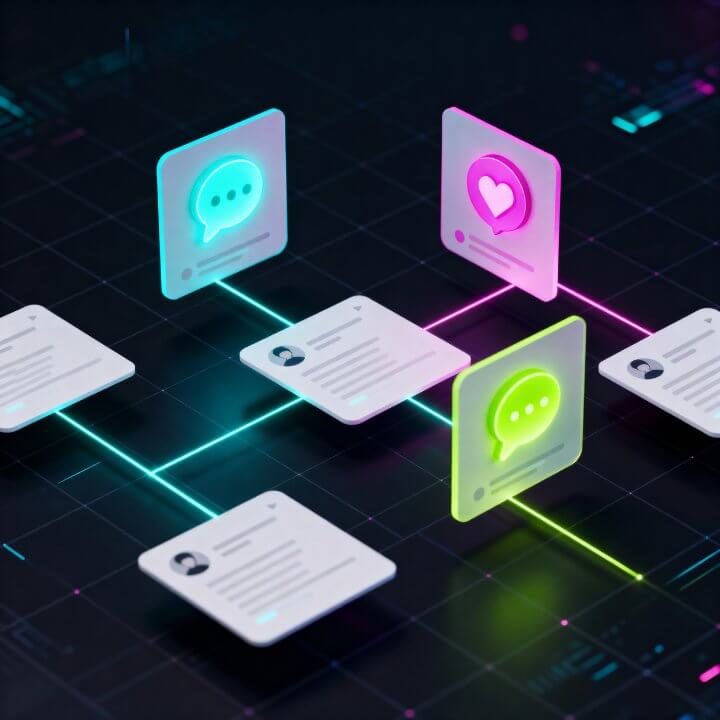 Social Media Vernetzung: Neon Chat-Nachrichten, Herzen, Profile verbunden