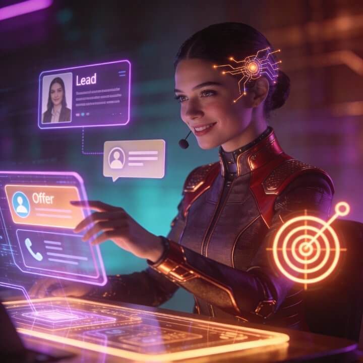 Vertriebsprofi Sofia mit Lead/Offer-Panels, Zielen und Chat-Bubbles