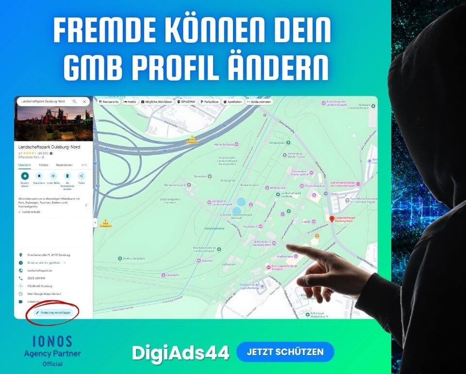 Google My Business Profil mit einer Hand, die auf Änderung vorschlagen klickt, um auf die Wichtigkeit des GMB Profil Schutzes hinzuweisen.