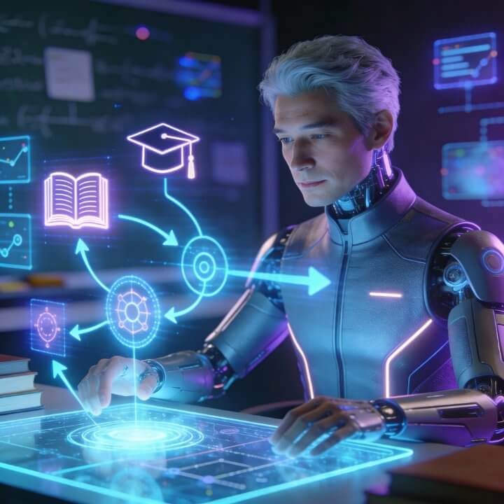 Lern-Coach Chris mit Buch, Diplom und Lernpfad-Diagrammen