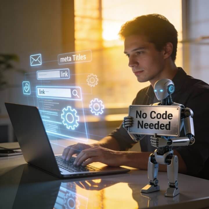 Mann am Laptop mit NoCode-Roboter, Meta-Tags, Links und Zahnrädern - SEO ohne Programmierung