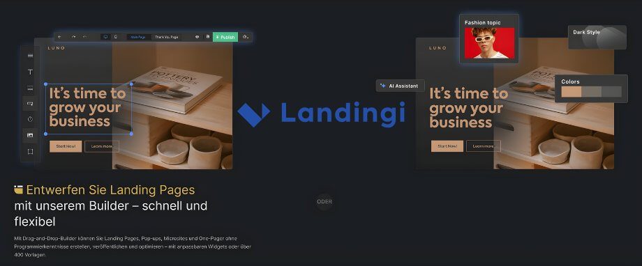 Landing Page Builder Interface mit Drag-and-Drop-Funktion, AI Assistant und Dark Style. Enwickelt von Landingi.