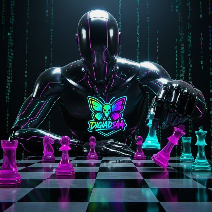 Neon Cyber Roboter spielt Schach DigiAds44 Strategie Digital Agentur