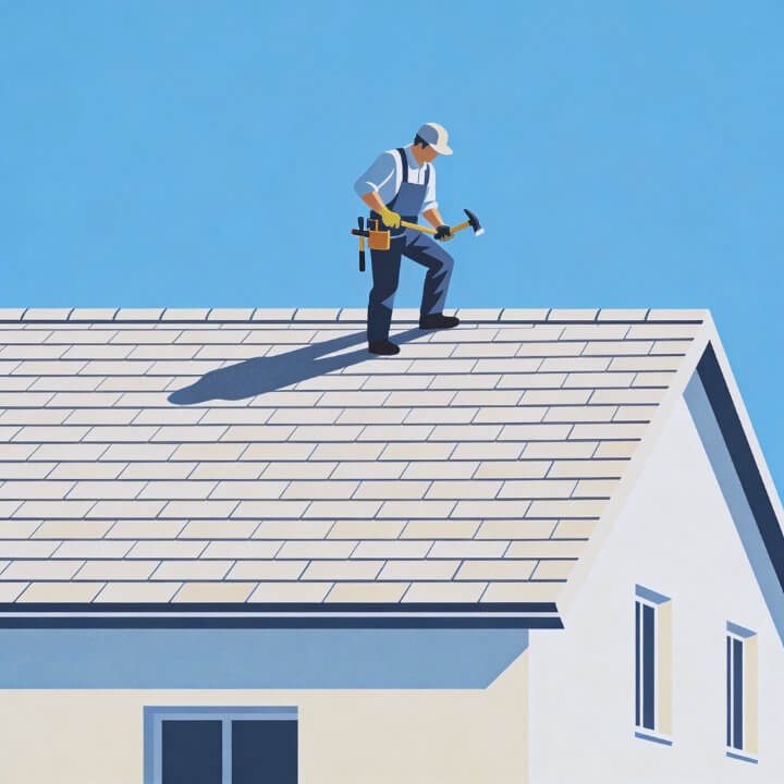 "Dachdecker" - Hoher Wettbewerb: Dachdecker auf hellem Dach mit Hammer