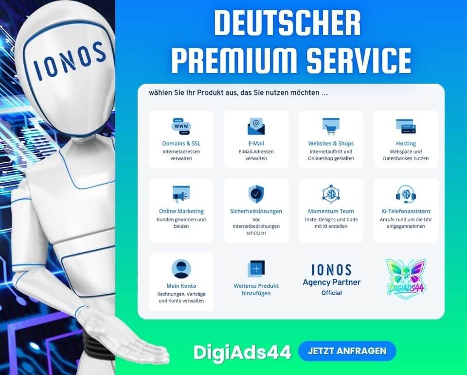 Detailreiche Darstellung der IONOS Dienstleistungen: Robot, Domains & SSL, E-Mail, Webhosting, Online Marketing, Sicherheitslösungen und KI.