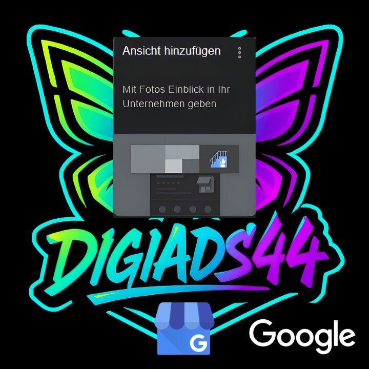 Fotos und visuelle Einblicke im Google Unternehmensprofil für mehr Vertrauen. DigiAds44 Logo Hintergrund.