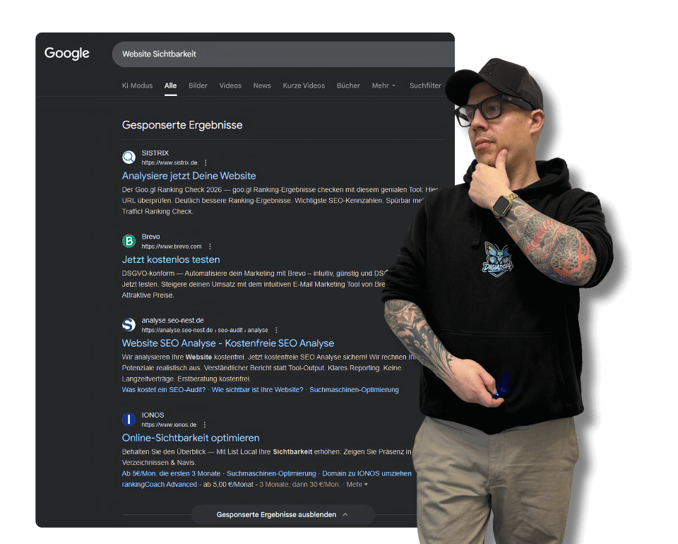 Google Suche zur Website Sichtbarkeit mit Dennis von DigiAds44 Dennis von DigiAds44 vor einer Google-Suche nach Website Sichtbarkeit mit gesponserten Ergebnissen