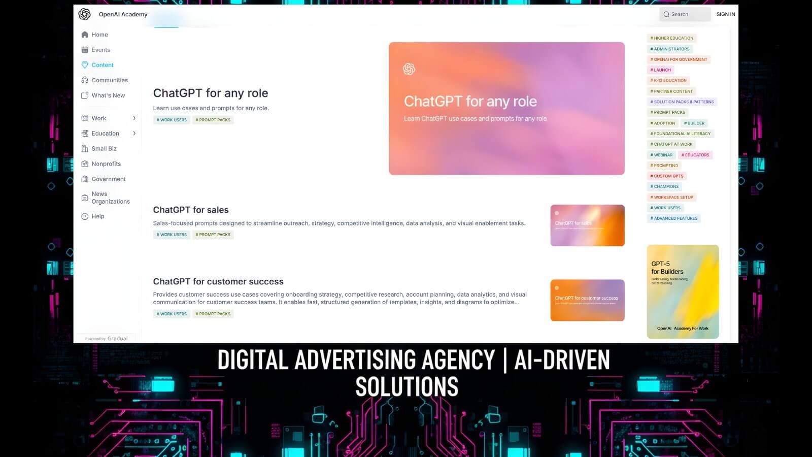 ChatGPT-Oberfläche mit fertigen Prompt-Paketen für Sales, Kundenservice und Digitalwerbung