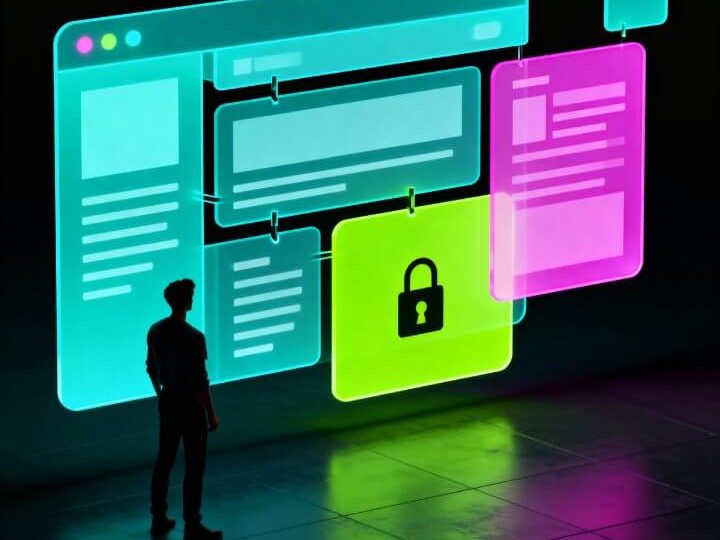 Person vor digitalen Sicherheitssymbolen - „Digitale Sicherheit vor Marketing, deine Website ohne Vermittler