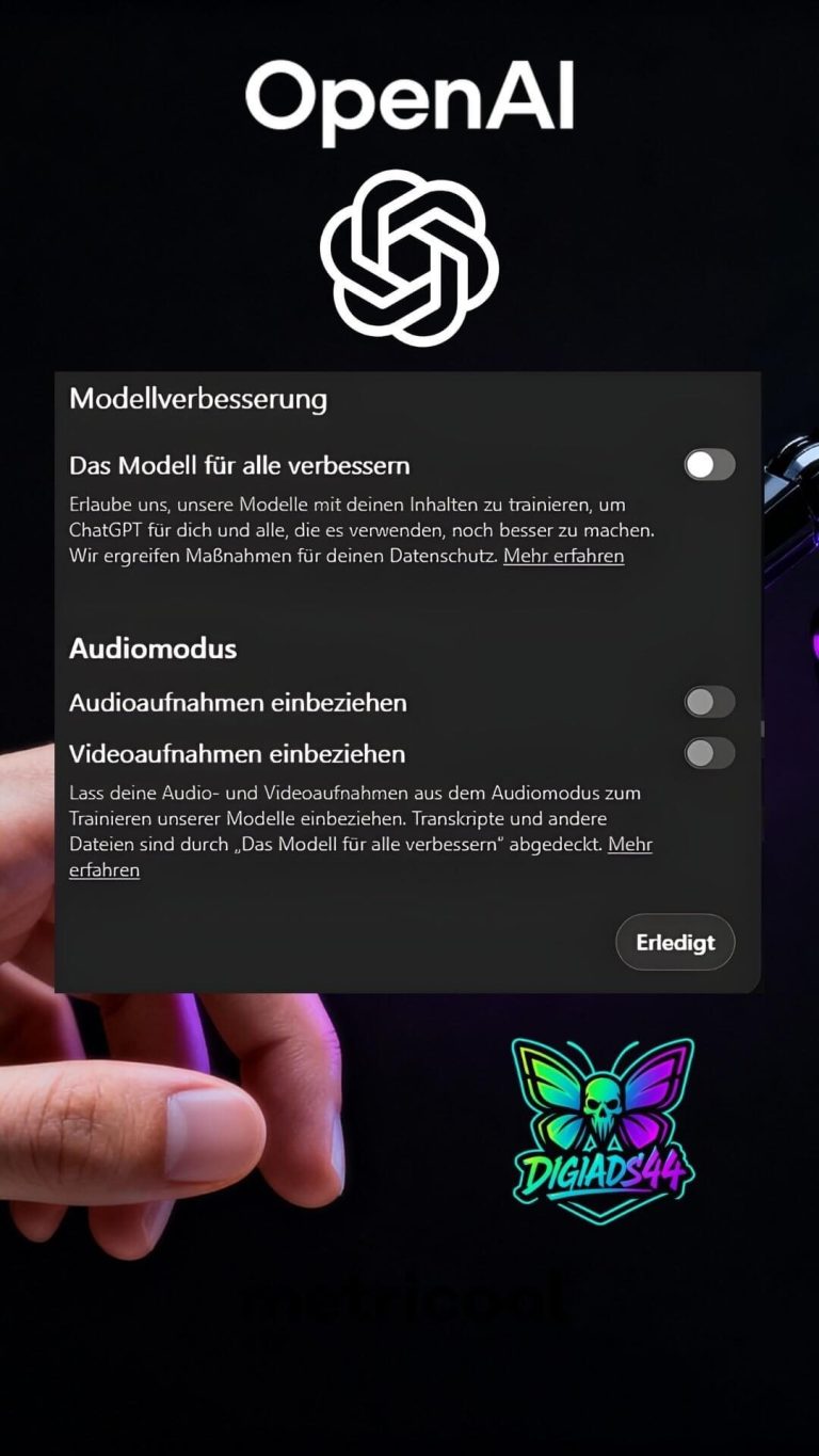 OpenAI-Einstellungen mit deaktivierter Modellverbesserung und Audio-Optionen, GDPR-sicher mit DigiAds44-Logo