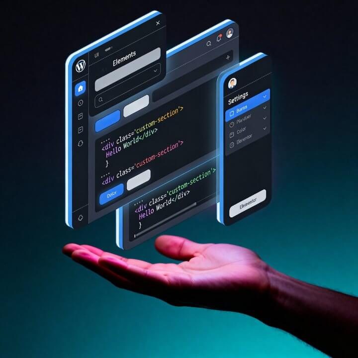WordPress Custom Code-Editor mit Elementen, Hello World und 3D-Hand-Design