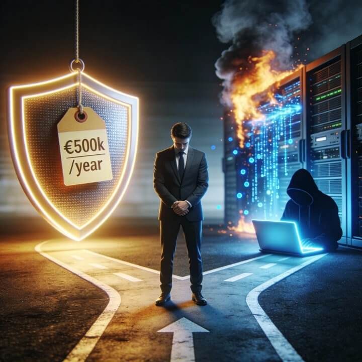 Manager vor brennenden Servern und Hacker - Cybersicherheit schützt €500k/Jahr Risiko