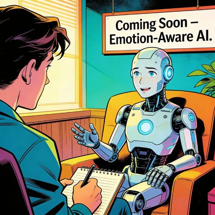 Comic DigiAds44 KI Marketing Therapie-Szene Roboter entwickelt Emotionen Coming Soon Emotion-Aware AI