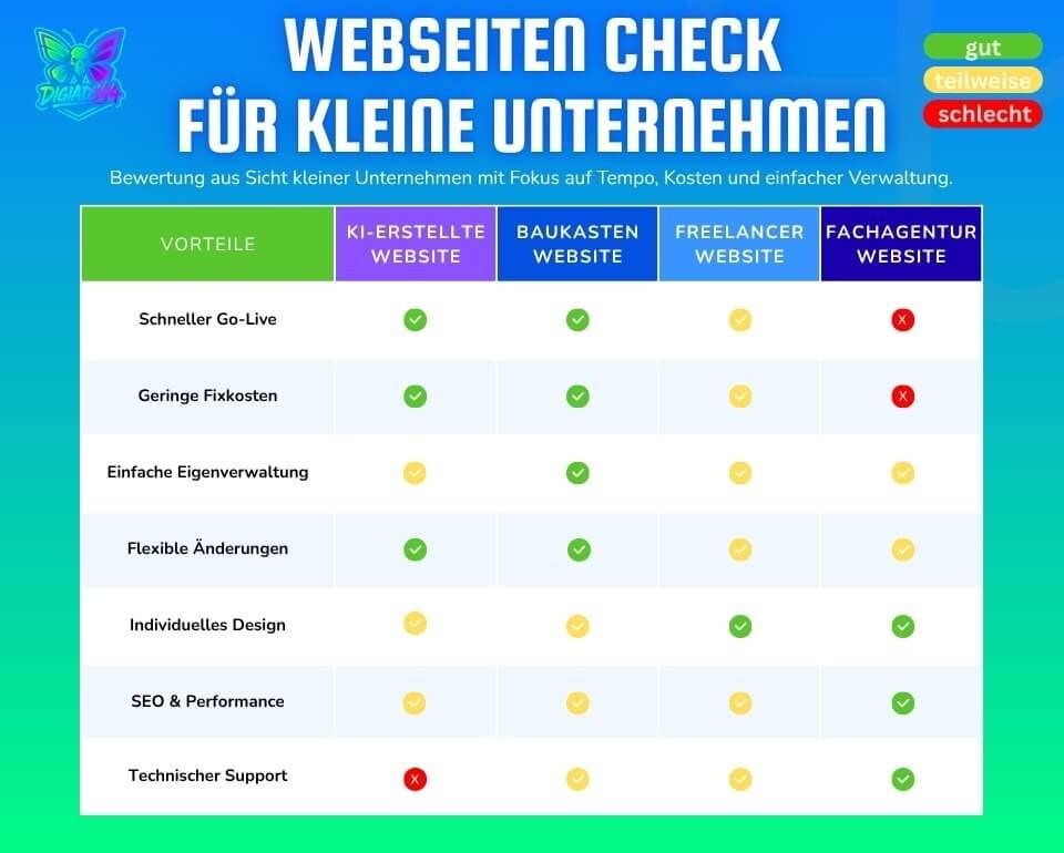 Vergleichstabelle Website Typen für Kleinunternehmen: Analyse von KI-Websites, Baukasten-Websites, Freelancer-Websites und Agentur-Websites