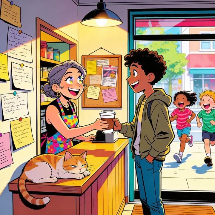 Illustration Café-Szene mit Barista, Kunden, Katze auf Tresen, Kinder rennen draußen