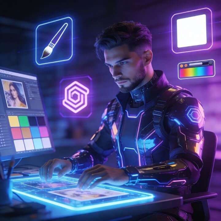 Designer Derek mit Pinsel, Farbpaletten und Photoshop-Interface