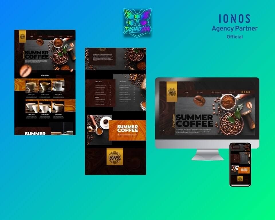 Detailansicht des "Summer Coffee" Webdesigns, responsiv dargestellt auf verschiedenen Geräten, SEO-optimiert, Kaffeethema.