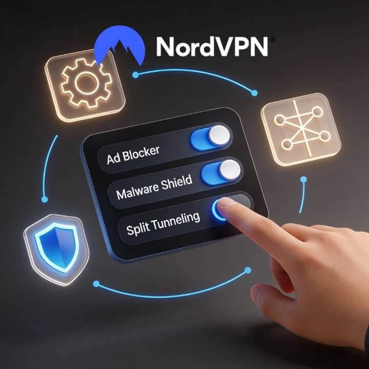 Hand aktiviert NordVPN-Features wie Ad Blocker, Malware Shield und Split Tunneling auf digitalem Interface