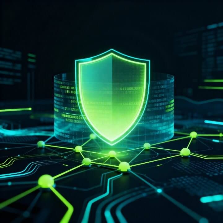 Leuchtendes grünes Sicherheitsschild auf Cyber-Netzwerk - Zero Trust Schutz