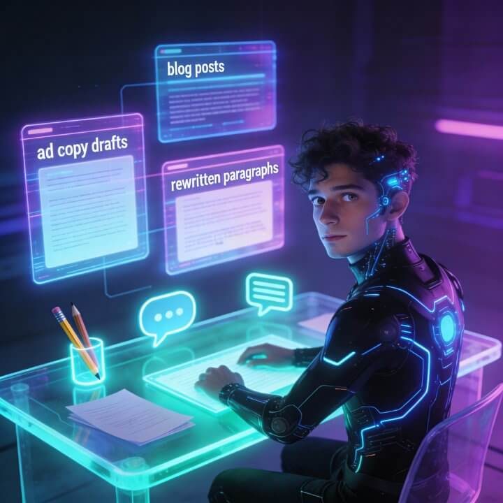 Cyber-Copywriter Cedric mit holografischen Ad-Copy-Drafts, Blog-Posts und Rewrites