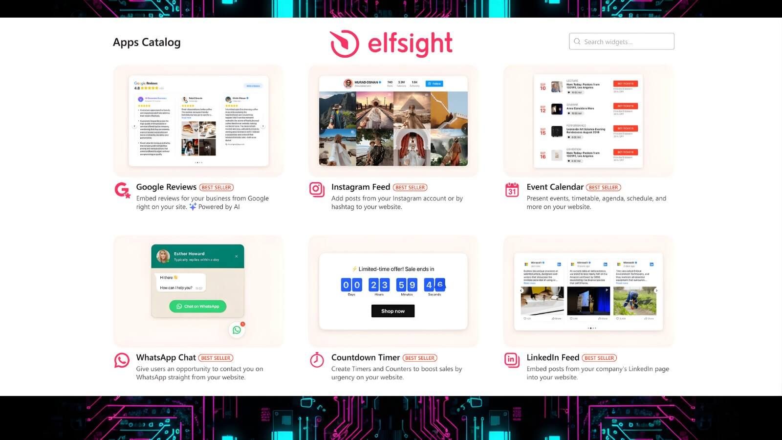 Elfsight Apps-Katalog-Vorschau mit Widgets für Google Reviews, Instagram Feed, WhatsApp Chat, Countdown Timer und LinkedIn Feed