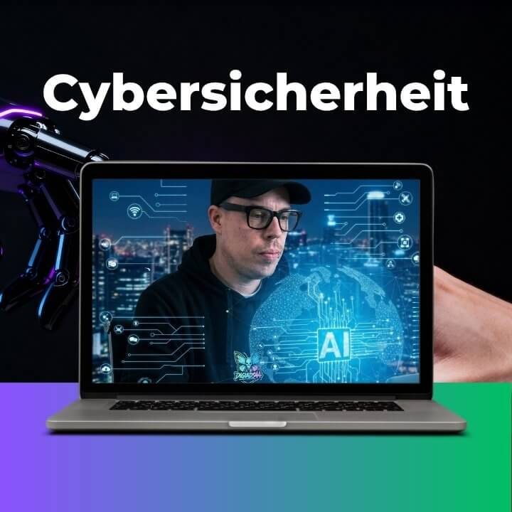 Spezialist Dennis für Cybersicherheit analysiert Daten auf Laptop, mit KI-Grafik und globalem Netzwerk.