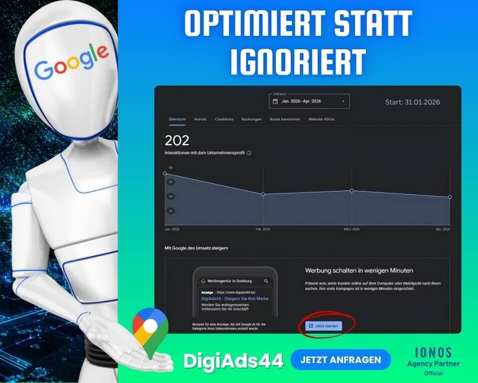 Roboter mit Google Logo, Google Business Profile Statistik und Optimiert statt Ignoriert für Unternehmen.