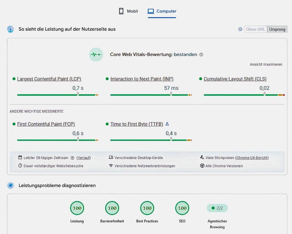 Google PageSpeed Insights Ergebnis von DigiAds44 Google PageSpeed Insights mit bestandenen Core Web Vitals und 100 Punkten bei Leistung, Barrierefreiheit, Best Practices und SEO