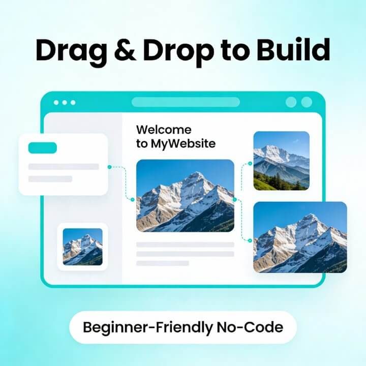 Drag & Drop Website-Bau: Beginner-freundlich No-Code mit Welcome-Seite und Bergbildern