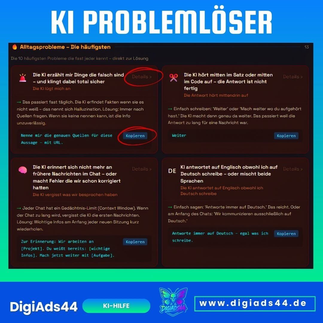 Der KI Problemlöser zeigt typische Alltagsprobleme mit KI in normaler Sprache. Zu jedem Problem gibt es eine kurze Erklärung