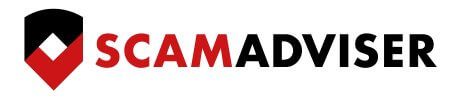 ScamAdviser Logo mit rot-schwarzem Schild-Symbol und Schriftzug