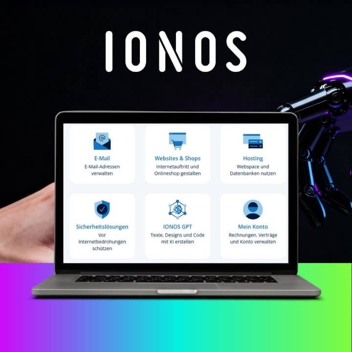 Laptop zeigt IONOS-Dienste (E-Mail, Webshops, Hosting) mit GPT-Textdesigns, Sicherheitsupdates und Konfigurationen