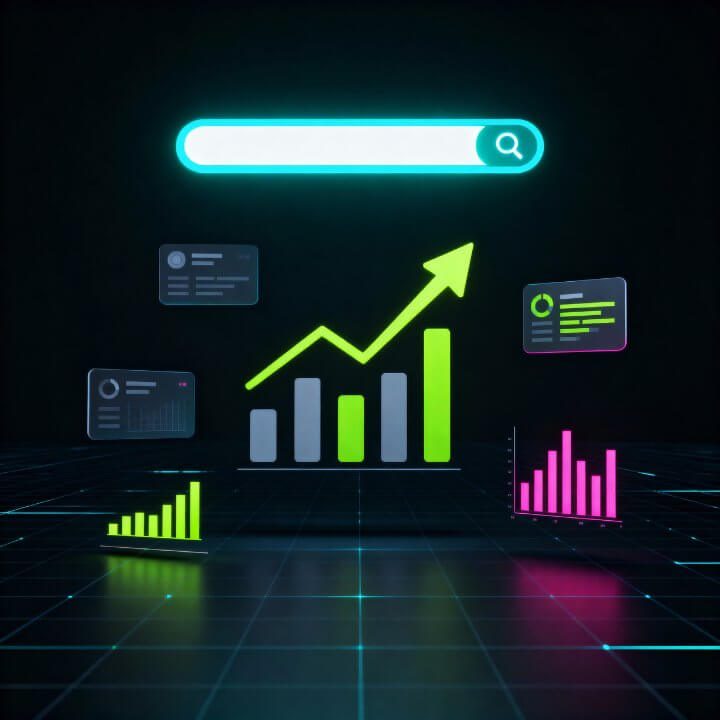 3D-Lupe analysiert Website mit grünem steigendem Balkendiagramm für SEO-Sichtbarkeit