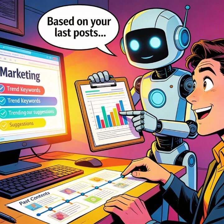 Comic DigiAds44 KI Marketing Roboter analysiert Posts Trend Keywords Marketing Suggestions begrenztes Gedächtnis Tool