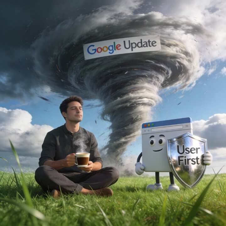 Entspannter Mann mit Kaffee neben User-First-Figur während Google-Update-Tornado