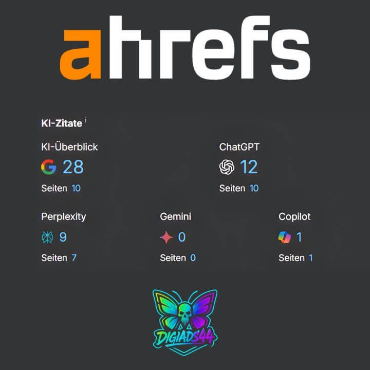 Ahrefs-Erfolgsbilanz: DigiAds44 mit 28 Google-, 12 ChatGPT-, 9 Perplexity- und 1 Copilot-Zitat