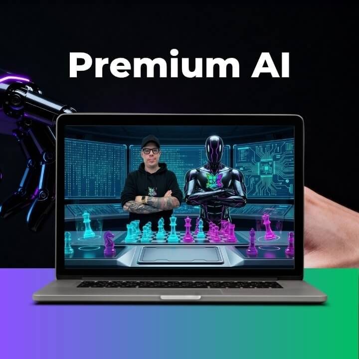Laptop zeigt Premium AI-Anwendung mit Mensch und künstlicher Intelligenz beim Schachspiel, digitale Strategie, Technologie, Innovation