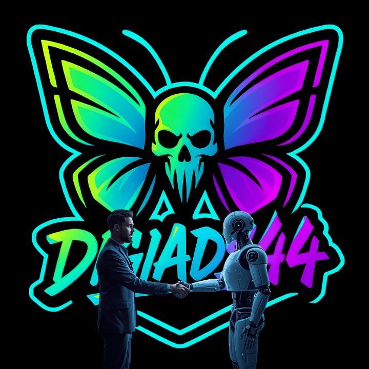 Geschäftsmann und Roboter im Handschlag vor dem leuchtenden DigiAds44-Logo mit Schmetterlings-Totenkopf in Neonfarben