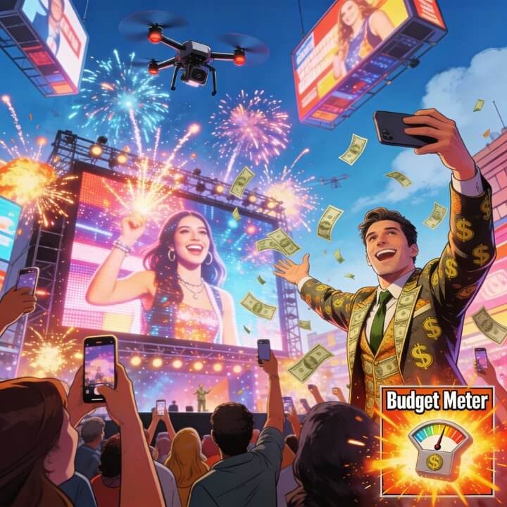 Illustration Influencer auf Bühne mit Geld, Feuerwerk, Drohnen und Crowd, Budget-Meter zeigt Kosten