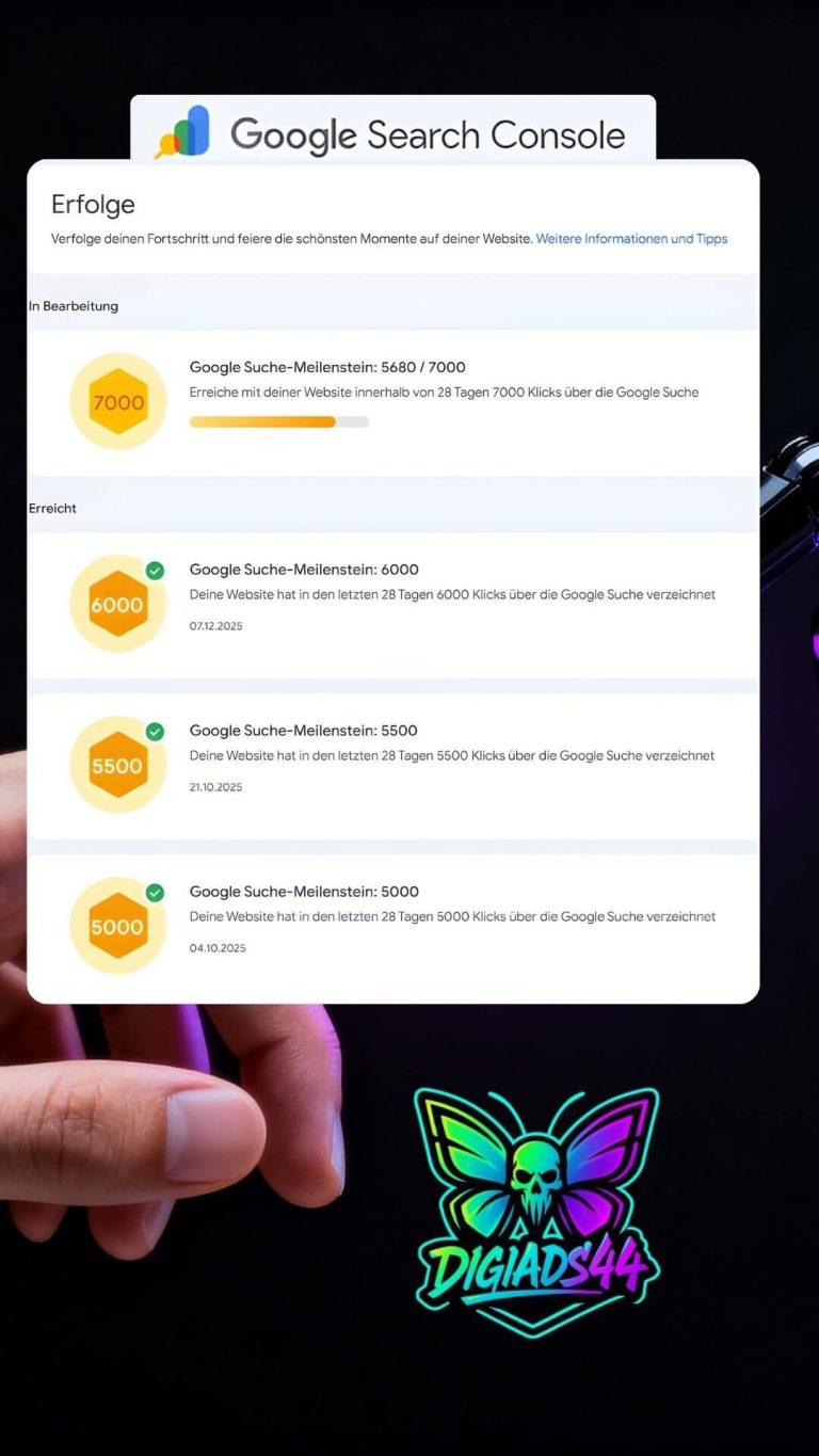 Google Search Console Erfolge mit Top-Meilensteinen und DigiAds44 Schmetterlings-Logo