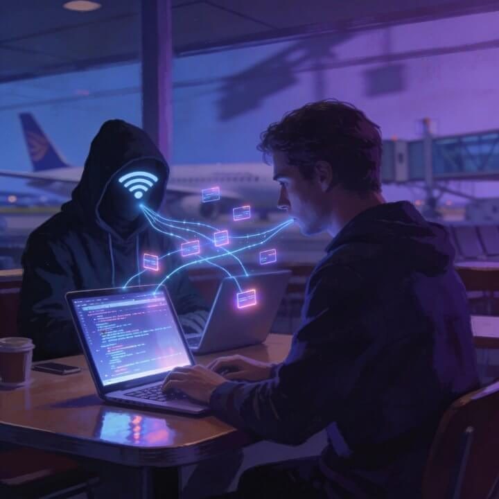 Kapuzen-Hacker mit Antenne hackt Laptops am Flughafen-Tisch, Phishing-Mails und Netzwerk-Verbindungen