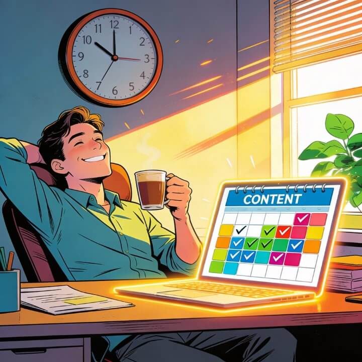 Comic entspannter Mann mit Kaffee Content-Plan Laptop Checklisten Uhr DigiAds44