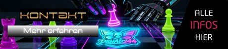 Interaktives Kontakt-Banner mit DigiAds44 Logo und Neon-Schachfiguren