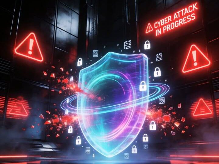 Cybersecurity Visualisierung mit Schutzschild und Warnmeldungen zur Darstellung von Website Sicherheit und Cyberangriffen