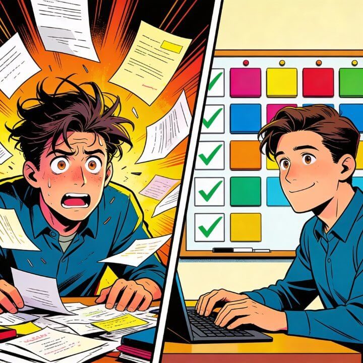 Comic vor-nach: Chaotischer Mann mit Papieren vs. geordneter mit Planboard Checklisten DigiAds44