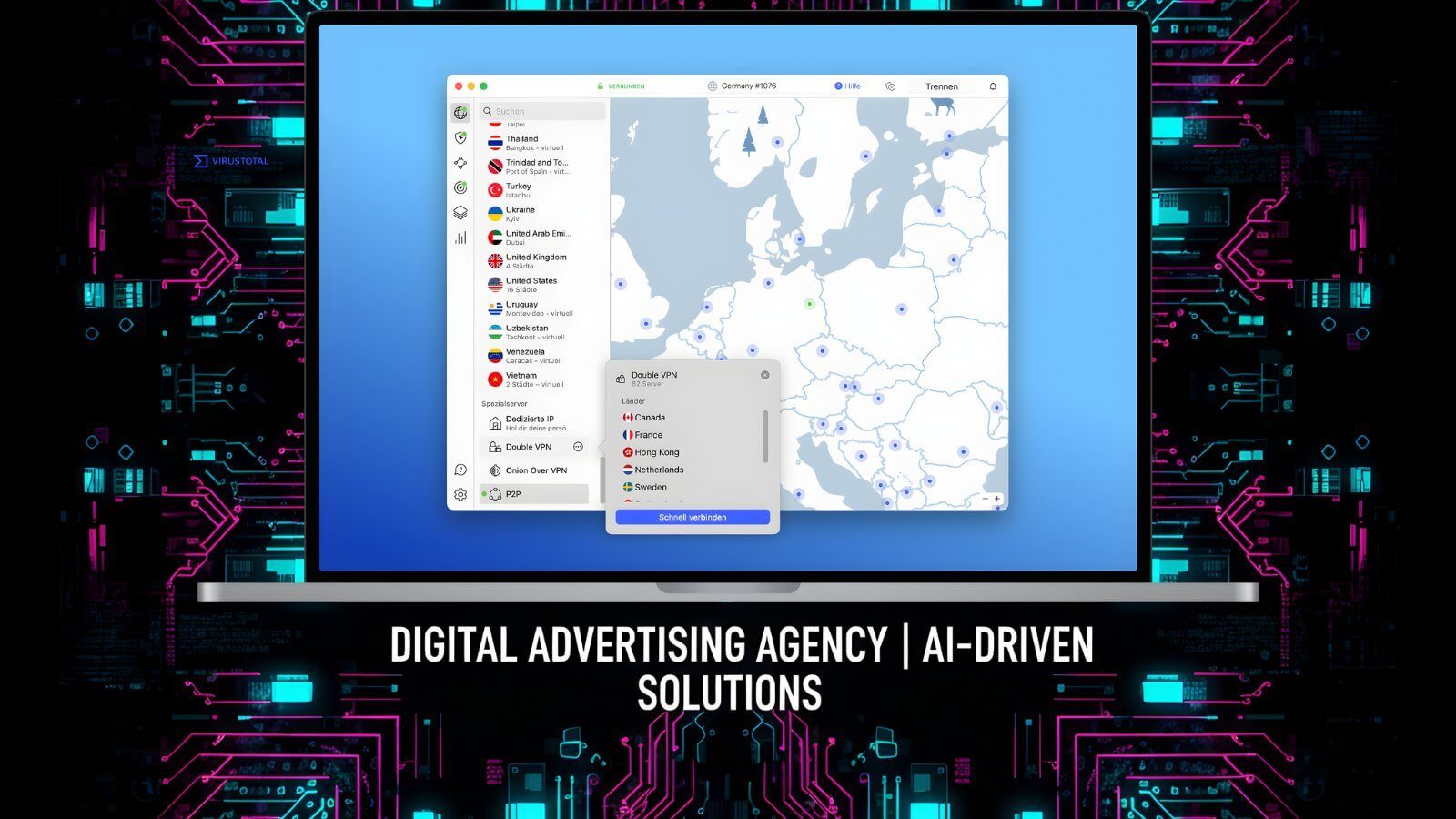 Laptop mit NordVPN-Interface und Europakarte mit Serverstandorten