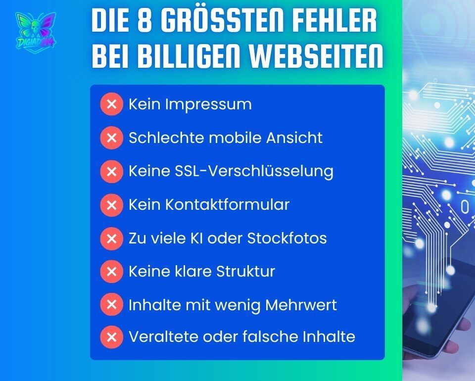 Darstellung der 8 häufigsten Fehler bei der Erstellung günstiger Webseiten, mit Fokus auf rechtliche, technische und inhaltliche Mängel.