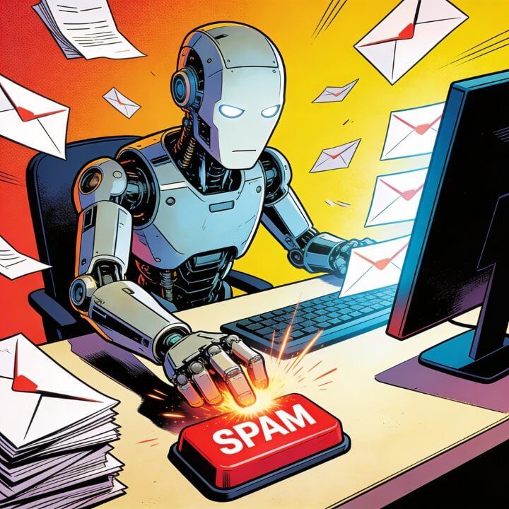 Comic DigiAds44 KI Marketing Roboter drückt SPAM Button sortiert E-Mails reaktive einfache Chatbot KI