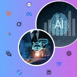 AI-Technologie Übersicht: Geschäftliche Anwendung von Chatbot-KI, neuronale Netzwerke, Datenanalyse und Tech Logos.